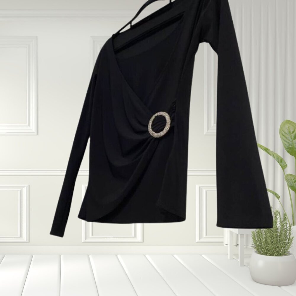 Black Long Sleeve Wrap Top with Decorative Hoop – Size S, Partial Cami Insert - Picture 6 of 10